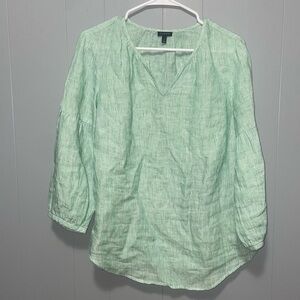 Talbots Linen Green and White Striped Blouse Small